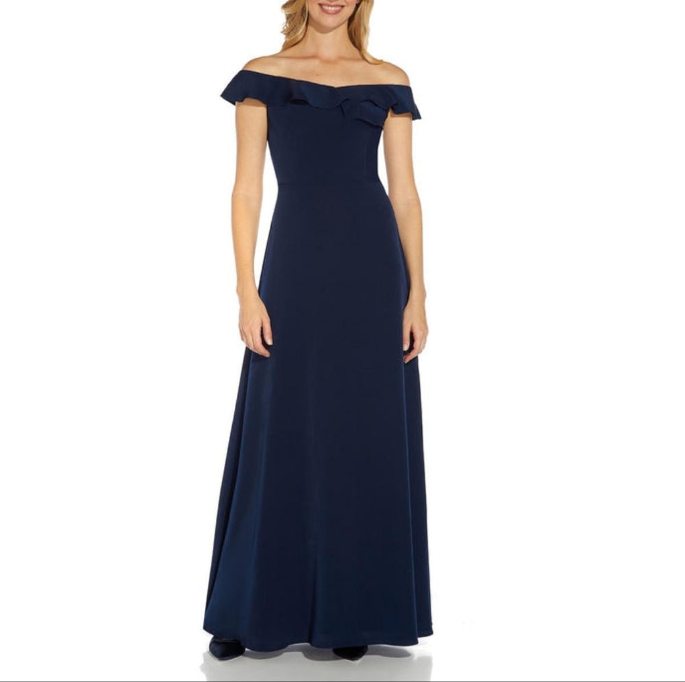 Adrianna Papell Off Shoulder Ruffled Sleeveless Zipper Back Solid Full-Length - Picture 11 of 11